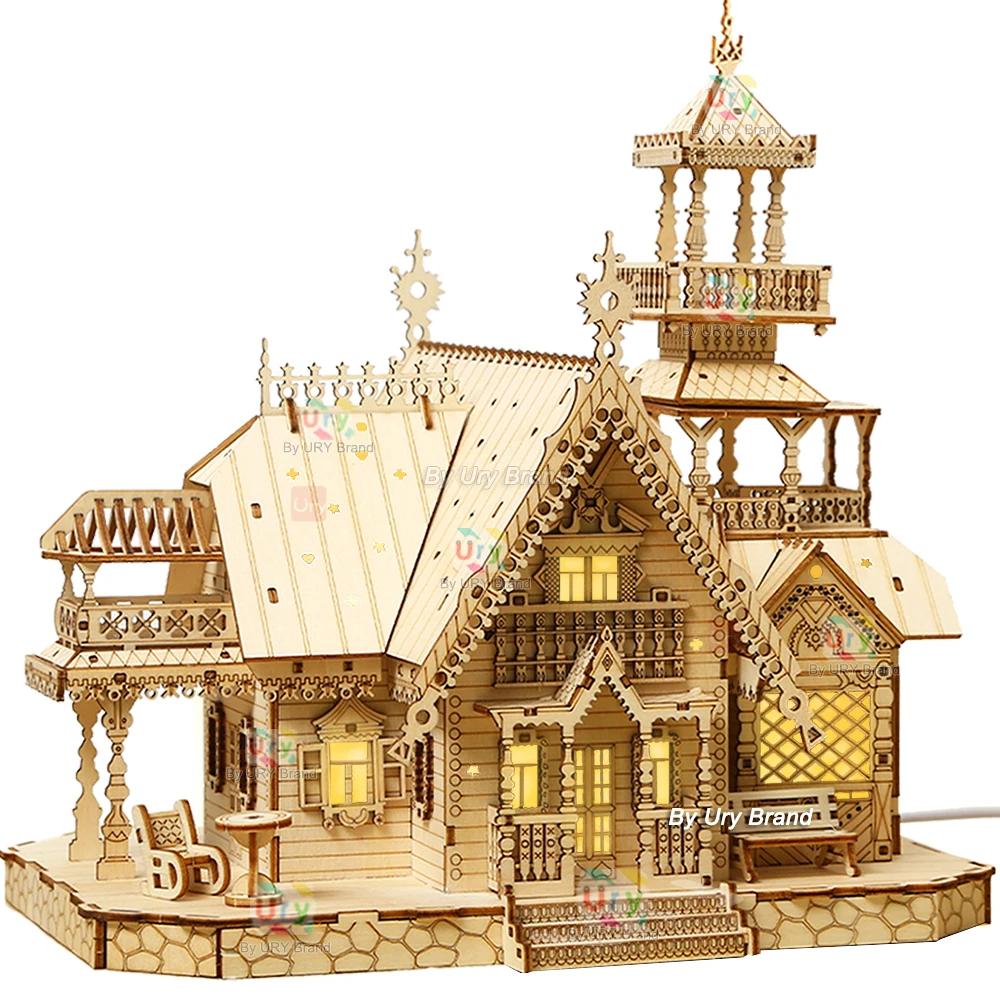 3D Wooden Puzzle Villa House Royal Castle with Light Assembly Toy Kid Adult DIY Model Kits Desk Decoration for Gift