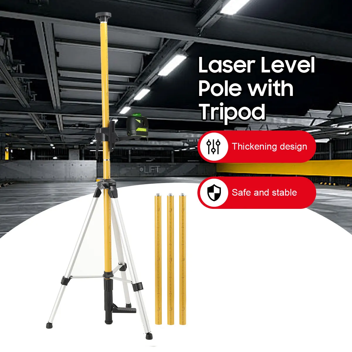3m Laser Mounting Pole Multi Function Fine Tuning Laser Telescopic Rod with Base Leveling Tool for Rotary and Line