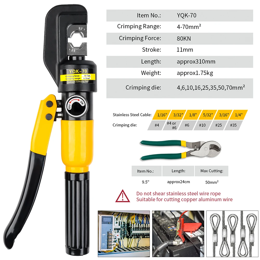 4-70m㎡ Home Hydraulic Pliers Pressure 10T Hydraulic Crimping Tools DIY Cable Terminal Wiring Pliers, Cordless Crimping