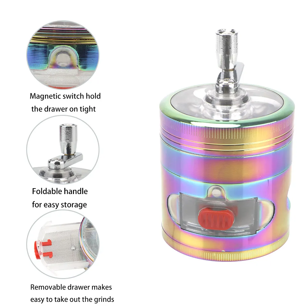 4 Layers Herb Grinder Hand Cranked Clear Top Grinder Smoke Crusher Crusher Crank Pollinator With Drawer Spice Grinder