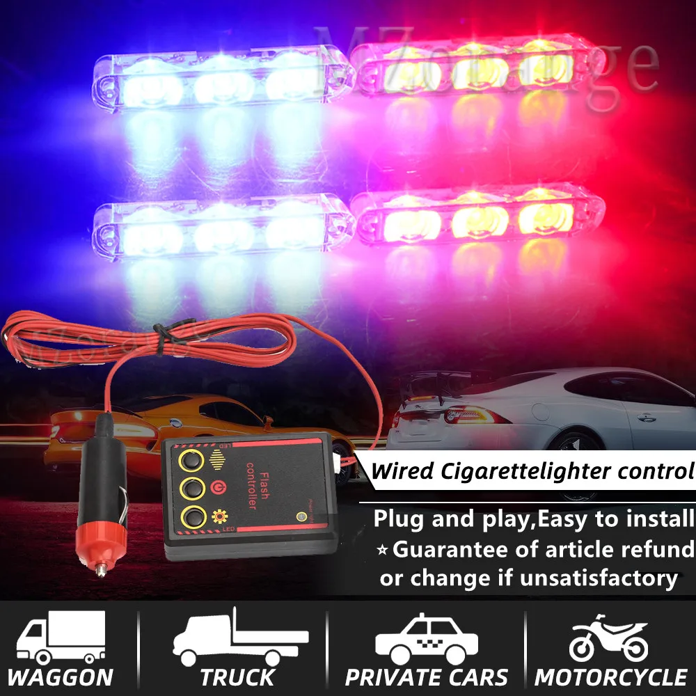 4 LED Lights Car Strobe Police Lights Cigaretteer Grill Warning Lamp 12V Motorcycles Flasher Fso Flashlight Car