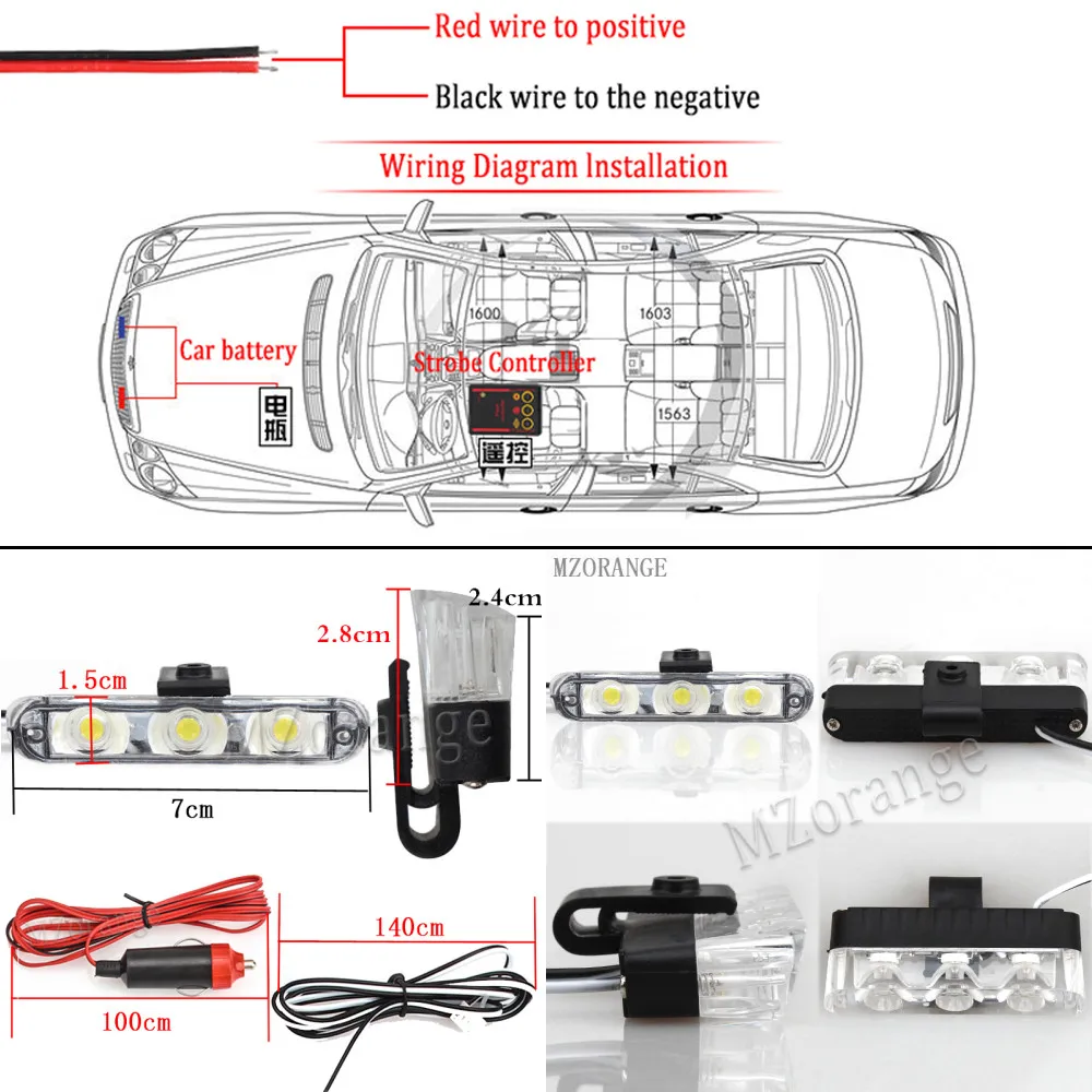 4 LED Lights Car Strobe Police Lights Cigaretteer Grill Warning Lamp 12V Motorcycles Flasher Fso Flashlight Car