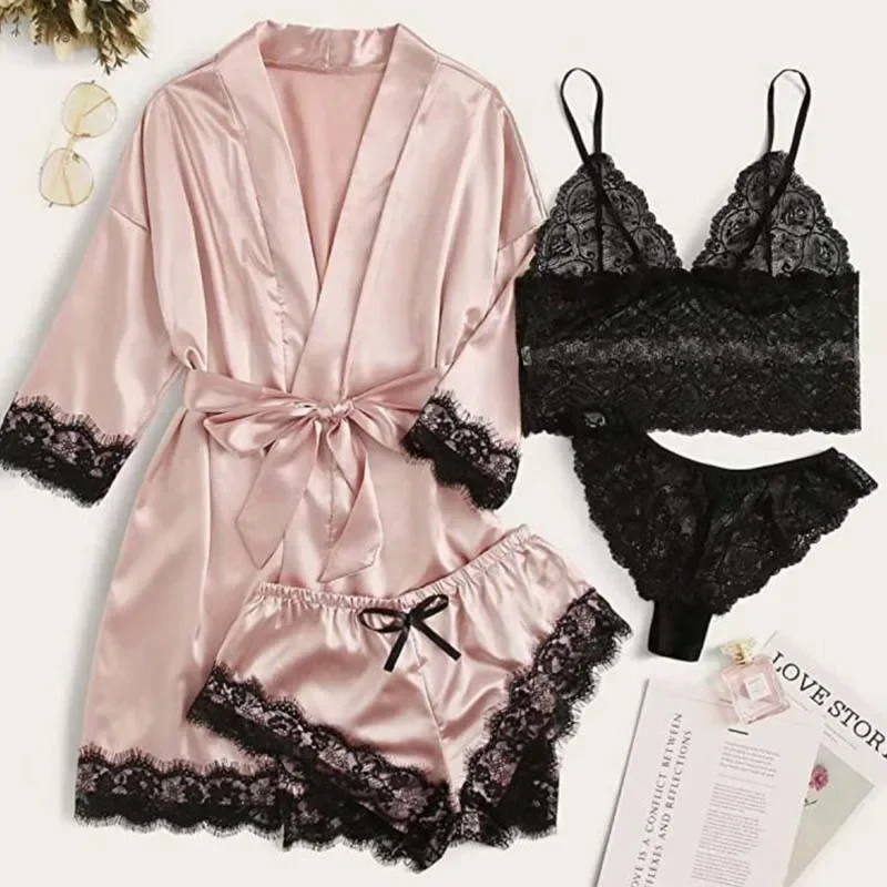 4 Pieces Woman Sleepwear Pajamas Ser With Robe Sexy Lace Lingerie Bathrobe Silk Satin Home Clothed Nightwear Robe 4 Pieces Woman Sleepwear Pajamas Ser With Robe Sexy Lace Lingerie Bathrobe Silk Satin Home Clothed Nightwear Robe