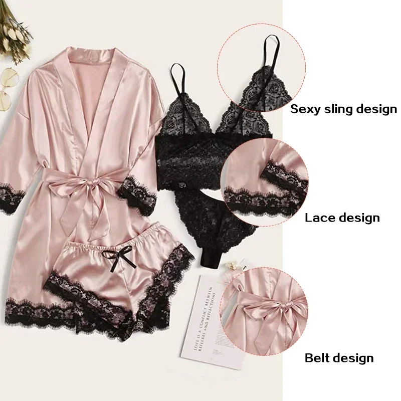 4 Pieces Woman Sleepwear Pajamas Ser With Robe Sexy Lace Lingerie Bathrobe Silk Satin Home Clothed Nightwear Robe