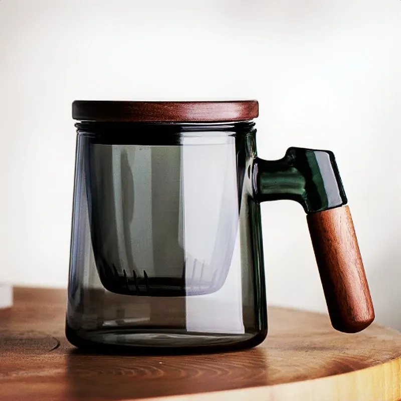 400ml Walnut Wooden Handle Lid Filter Glass Tea Cup Tea Water Separation Scented Tea Cup Office Flower Tea Separation