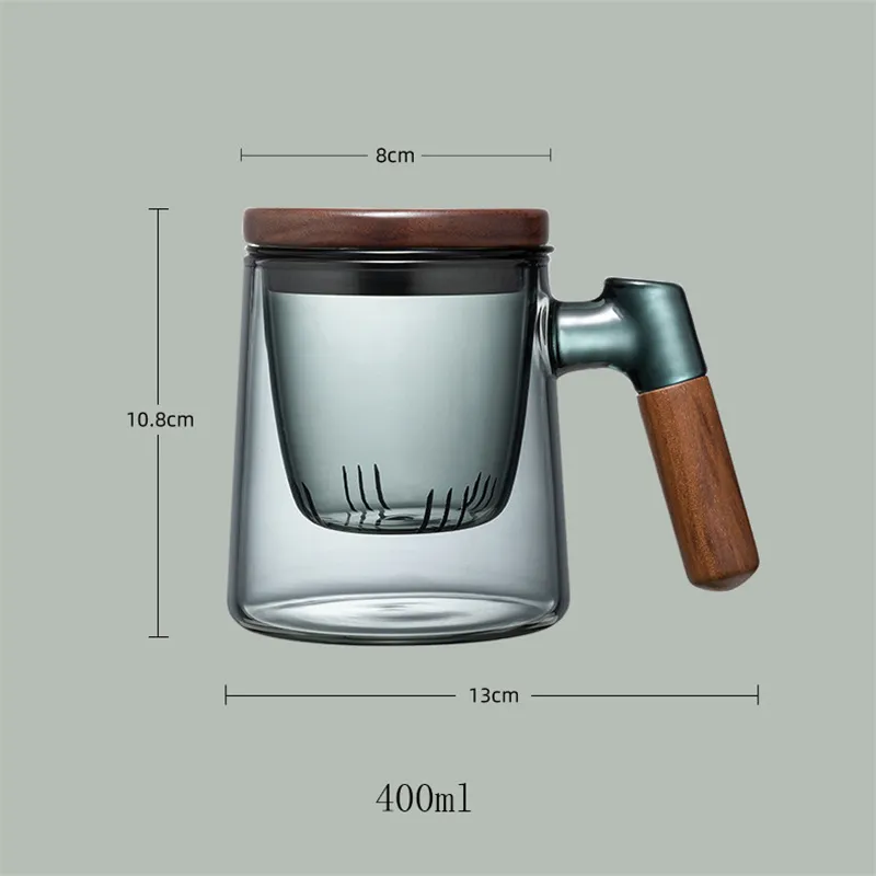 400ml Walnut Wooden Handle Lid Filter Glass Tea Cup Tea Water Separation Scented Tea Cup Office Flower Tea Separation