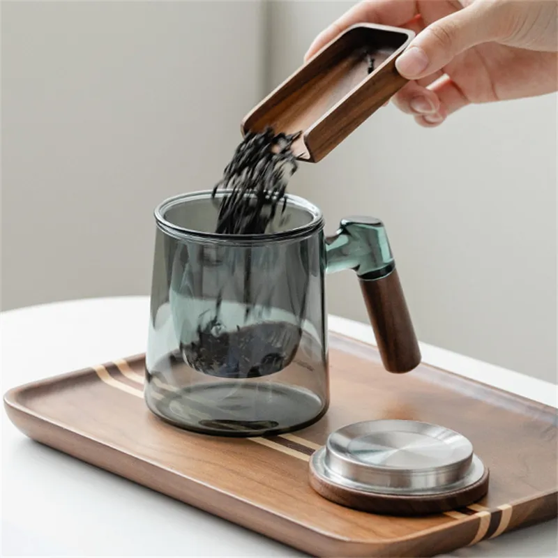 400ml Walnut Wooden Handle Lid Filter Glass Tea Cup Tea Water Separation Scented Tea Cup Office Flower Tea Separation