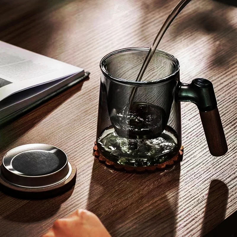 400ml Walnut Wooden Handle Lid Filter Glass Tea Cup Tea Water Separation Scented Tea Cup Office Flower Tea Separation