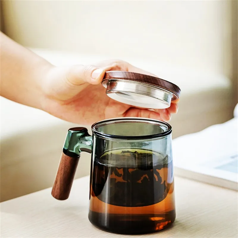 400ml Walnut Wooden Handle Lid Filter Glass Tea Cup Tea Water Separation Scented Tea Cup Office Flower Tea Separation
