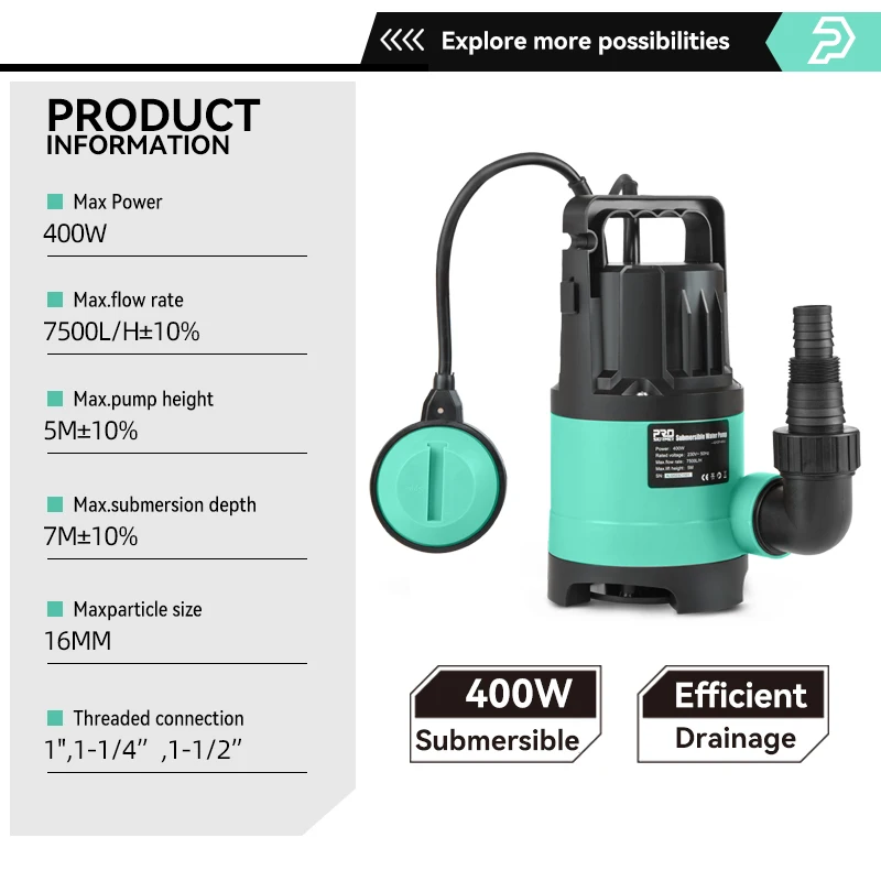 400W Submersible Water Pump 7500L/H Utility Thermoplastic Electric Portable Transfer Pool Pond Draining Sump Pump by 400W Submersible Water Pump 7500L/H Utility Thermoplastic Electric Portable Transfer Pool Pond Draining Sump Pump by