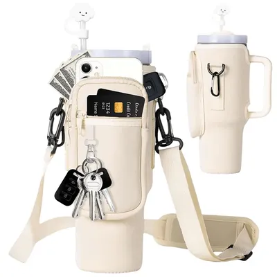 40oz Neoprene Water Bottle Carrier Bag For Stanley Quencher Cup Sleeve with Adjustable Shoulder Strap Water Bottle
