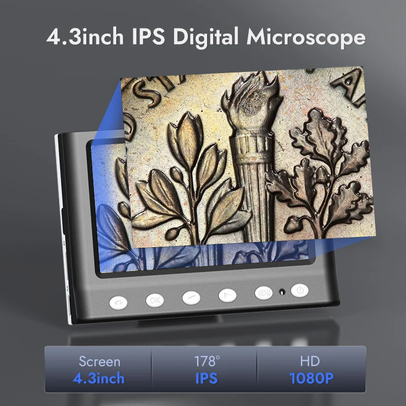 4.3” Digital Microscope 1600X Coin Microscope 1080P Video Microscope for Adult Soldering With 8 LEDs 4.3” Digital Microscope 1600X Coin Microscope 1080P Video Microscope for Adult Soldering With 8 LEDs