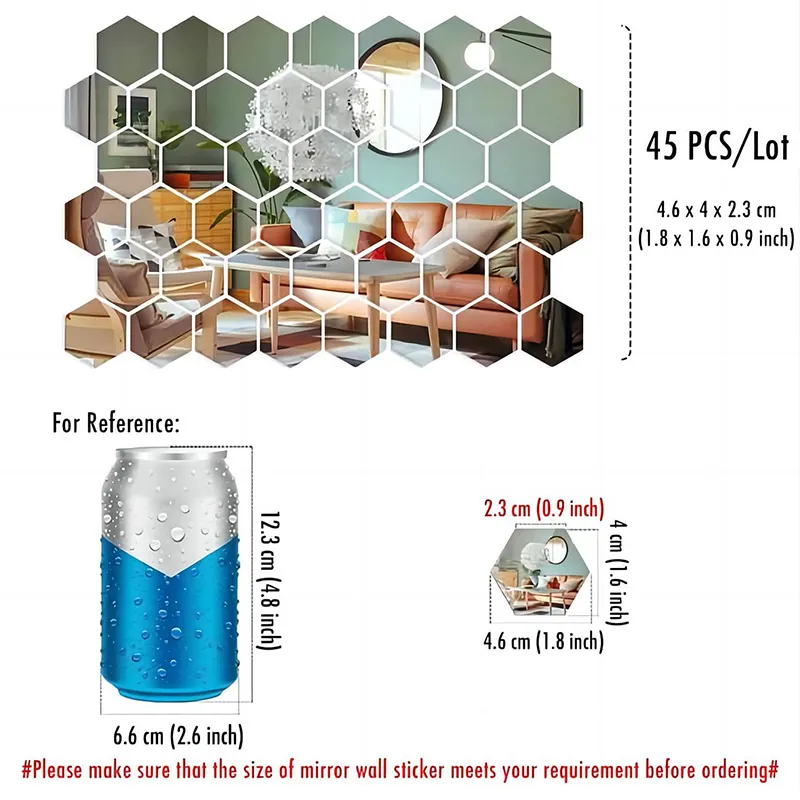 45pcs Acrylic Mirror Wall Stickers Hexagon Wall Art Sticker DIY Household Decorative Tiles Sticker