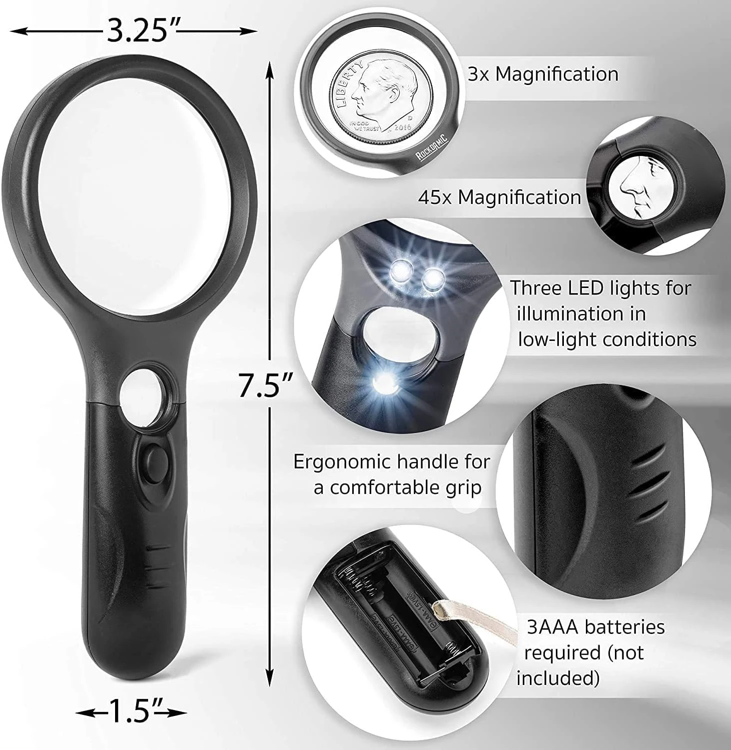 45X 3X Professional Magnifying Glass Jewelry Loupe With LED Light Handheld Magnifier Lupa For Coins Stamps Kids Seniors