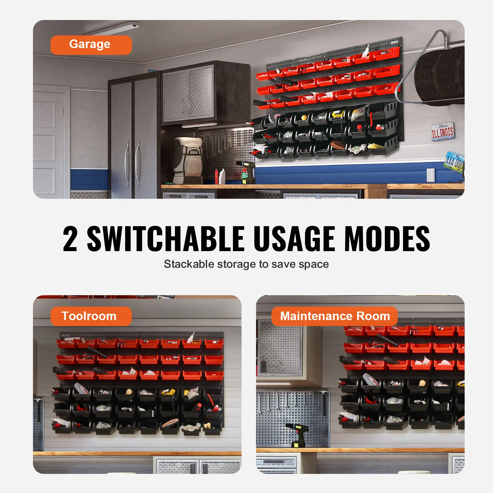 48pcs Parts Storage Bins Wall Mounted Garage Containers with Wall Panels Tool Organizer for Nuts Bolts Screws Nails