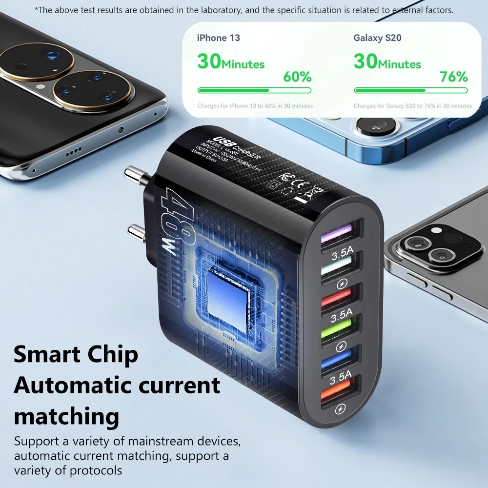 48W 6 Ports USB Charger QC3.0 Fast Charging Quick ChargerMobile Phone Charge Adapter 6 In 1