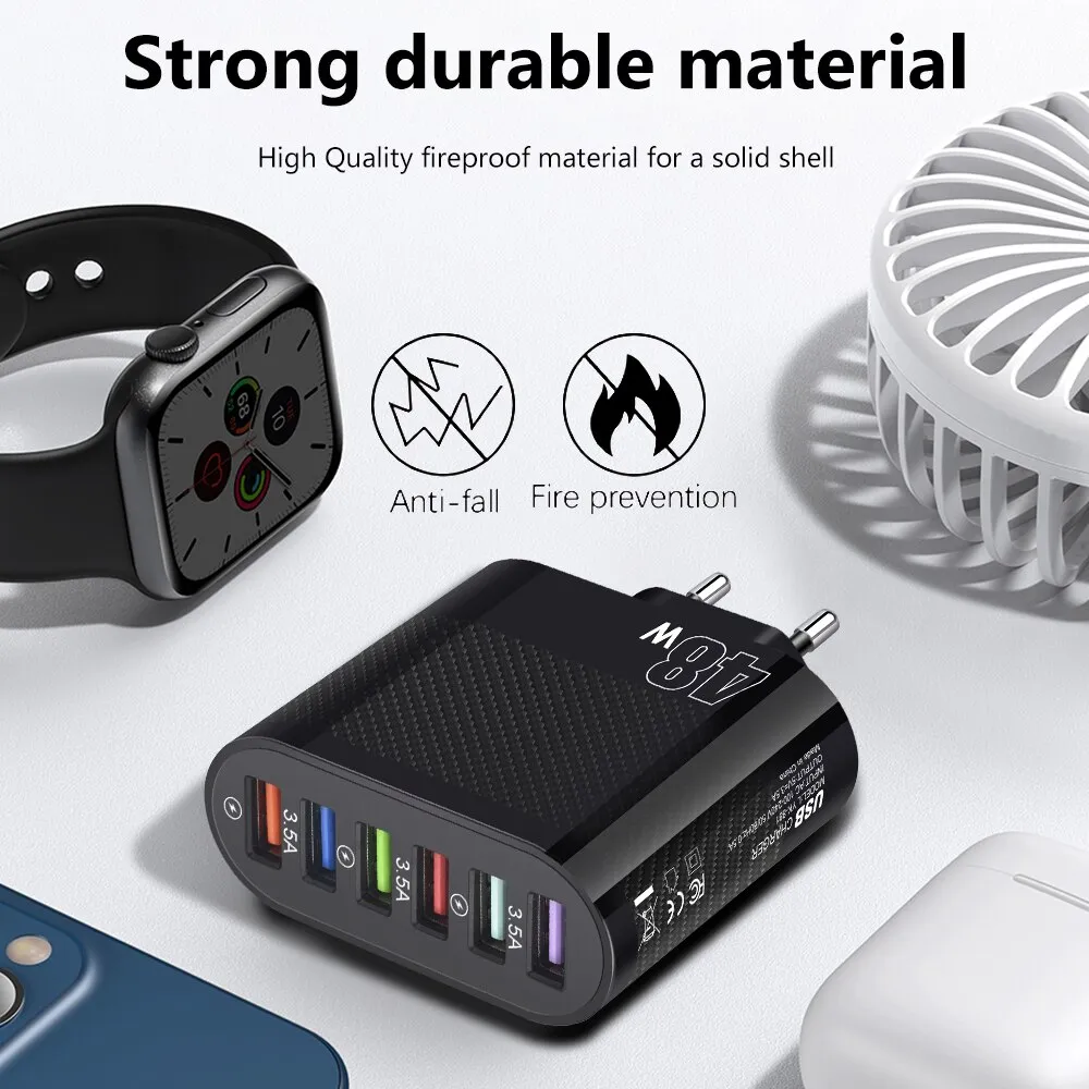 48W 6 Ports USB Charger QC3.0 Fast Charging Quick ChargerMobile Phone Charge Adapter 6 In 1