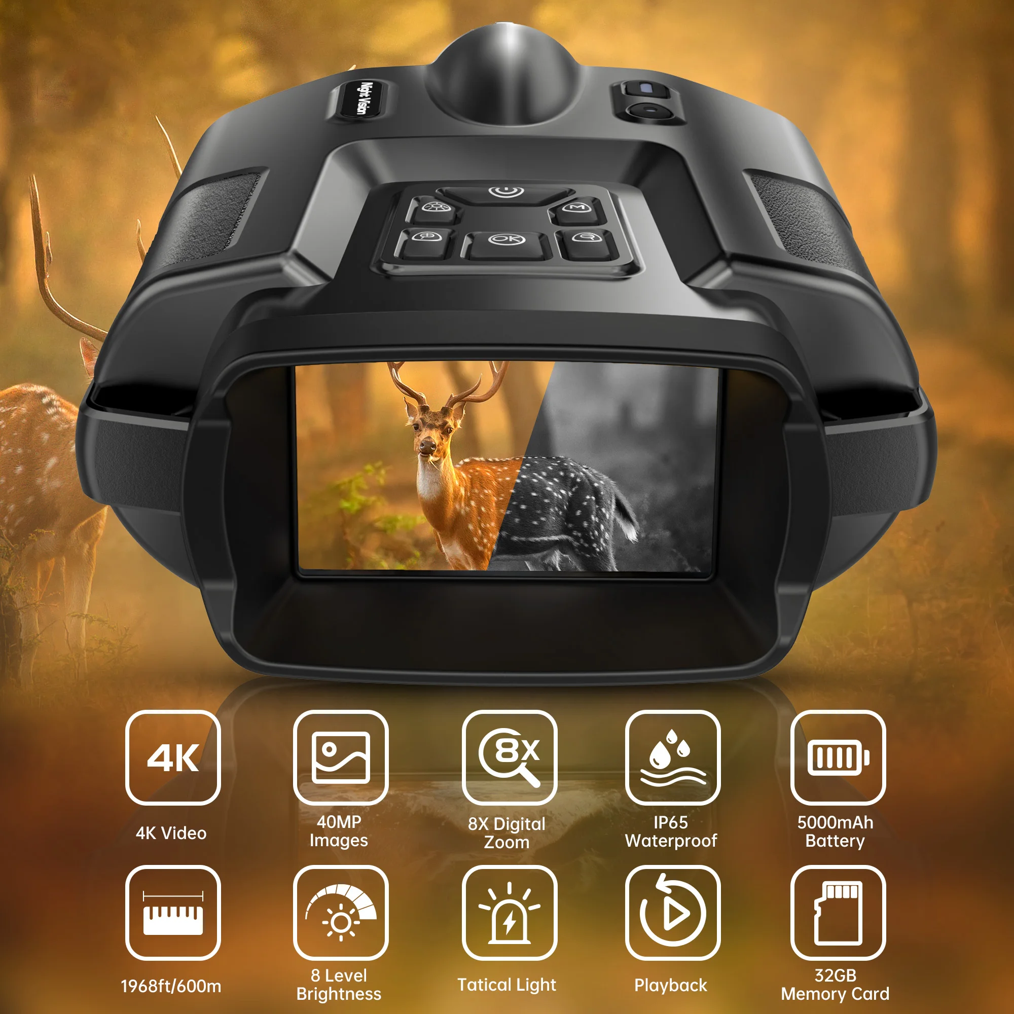 4K Night Vision Binoculars 32GB Infrared Night Vision Goggles 3” Large Screen 8X Digital Zoom Tactical Light for