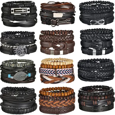 4Pcs Braided Wrap Leather Bracelet for Men Vintage Life Tree Guitar Wood Beads Fashion Male Bracelets Wristband 4Pcs Braided Wrap Leather Bracelet for Men Vintage Life Tree Guitar Wood Beads Fashion Male Bracelets Wristband