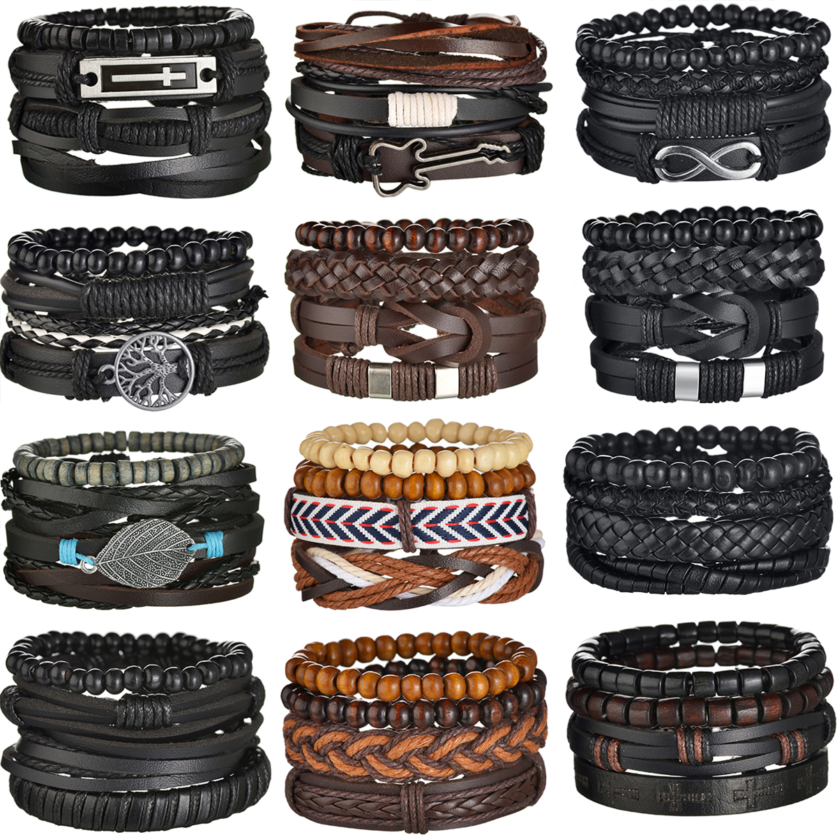 4Pcs Braided Wrap Leather Bracelet for Men Vintage Life Tree Guitar Wood Beads Fashion Male Bracelets Wristband 4Pcs Braided Wrap Leather Bracelet for Men Vintage Life Tree Guitar Wood Beads Fashion Male Bracelets Wristband
