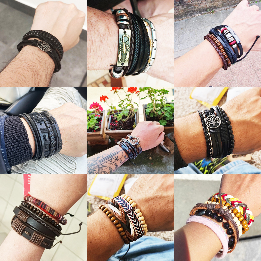 4Pcs Braided Wrap Leather Bracelet for Men Vintage Life Tree Guitar Wood Beads Fashion Male Bracelets Wristband 4Pcs Braided Wrap Leather Bracelet for Men Vintage Life Tree Guitar Wood Beads Fashion Male Bracelets Wristband