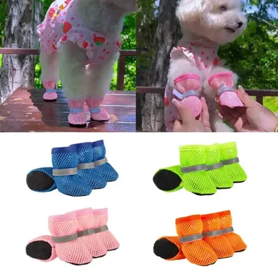 4Pcs Summer Cooling Dog Boots for Night Walks Breathable Mesh Dog Shoes with Reflective Straps & Soft Sole for Paw