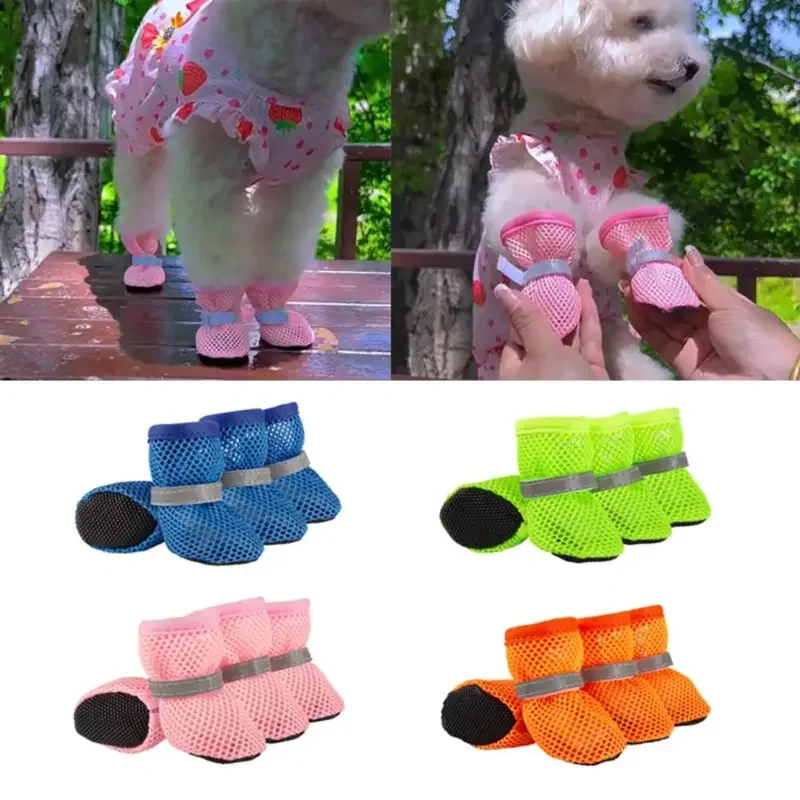 4Pcs Summer Cooling Dog Boots for Night Walks Breathable Mesh Dog Shoes with Reflective Straps & Soft Sole for Paw 4Pcs Summer Cooling Dog Boots for Night Walks Breathable Mesh Dog Shoes with Reflective Straps & Soft Sole for Paw