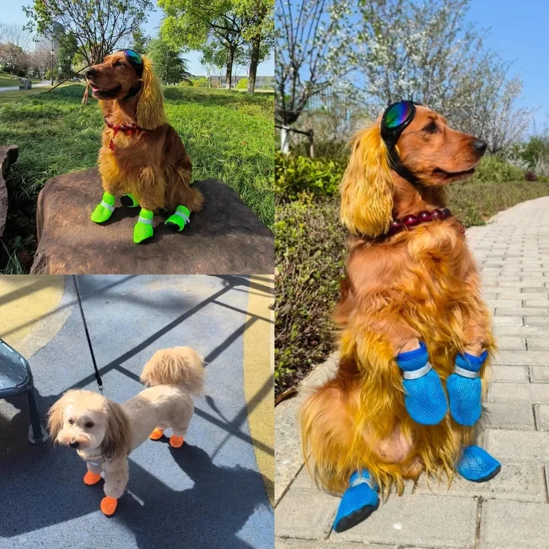 4Pcs Summer Cooling Dog Boots for Night Walks Breathable Mesh Dog Shoes with Reflective Straps & Soft Sole for Paw