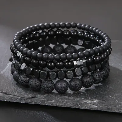 4Pcs/Set Black Gall Stone Volcanic Stone Wood Beads Multi-layer Men's Combination Elastic Bracelet For Couple Friends