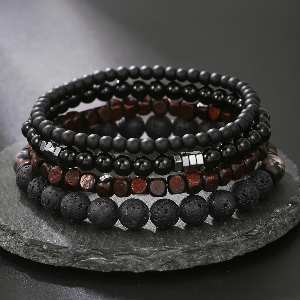 4Pcs/Set Black Gall Stone Volcanic Stone Wood Beads Multi-layer Men's Combination Elastic Bracelet For Couple Friends