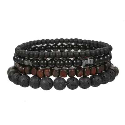 4Pcs/Set Black Gall Stone Volcanic Stone Wood Beads Multi-layer Men's Combination Elastic Bracelet For Couple Friends