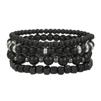 4Pcs/Set Black Gall Stone Volcanic Stone Wood Beads Multi-layer Men's Combination Elastic Bracelet For Couple Friends