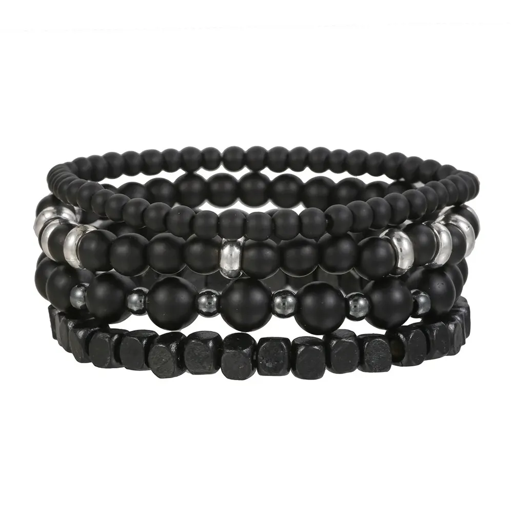 4Pcs/Set Black Gall Stone Volcanic Stone Wood Beads Multi-layer Men's Combination Elastic Bracelet For Couple Friends