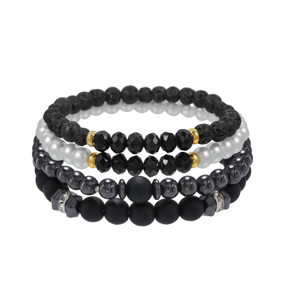 4Pcs/Set Black Gall Stone Volcanic Stone Wood Beads Multi-layer Men's Combination Elastic Bracelet For Couple Friends