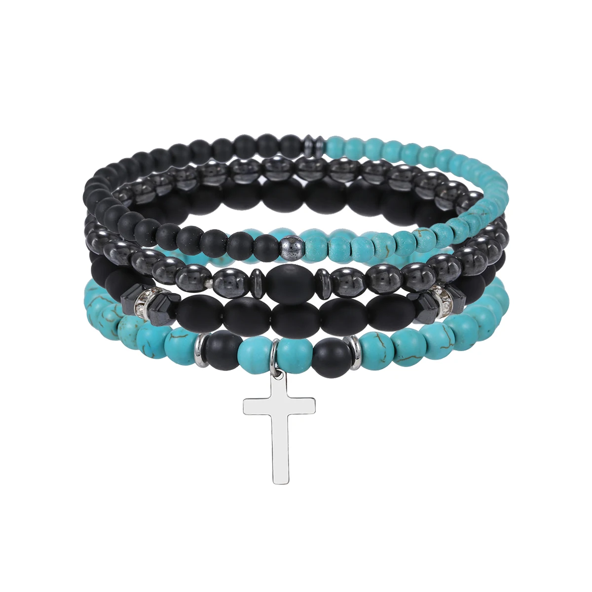 4Pcs/Set Black Gall Stone Volcanic Stone Wood Beads Multi-layer Men's Combination Elastic Bracelet For Couple Friends