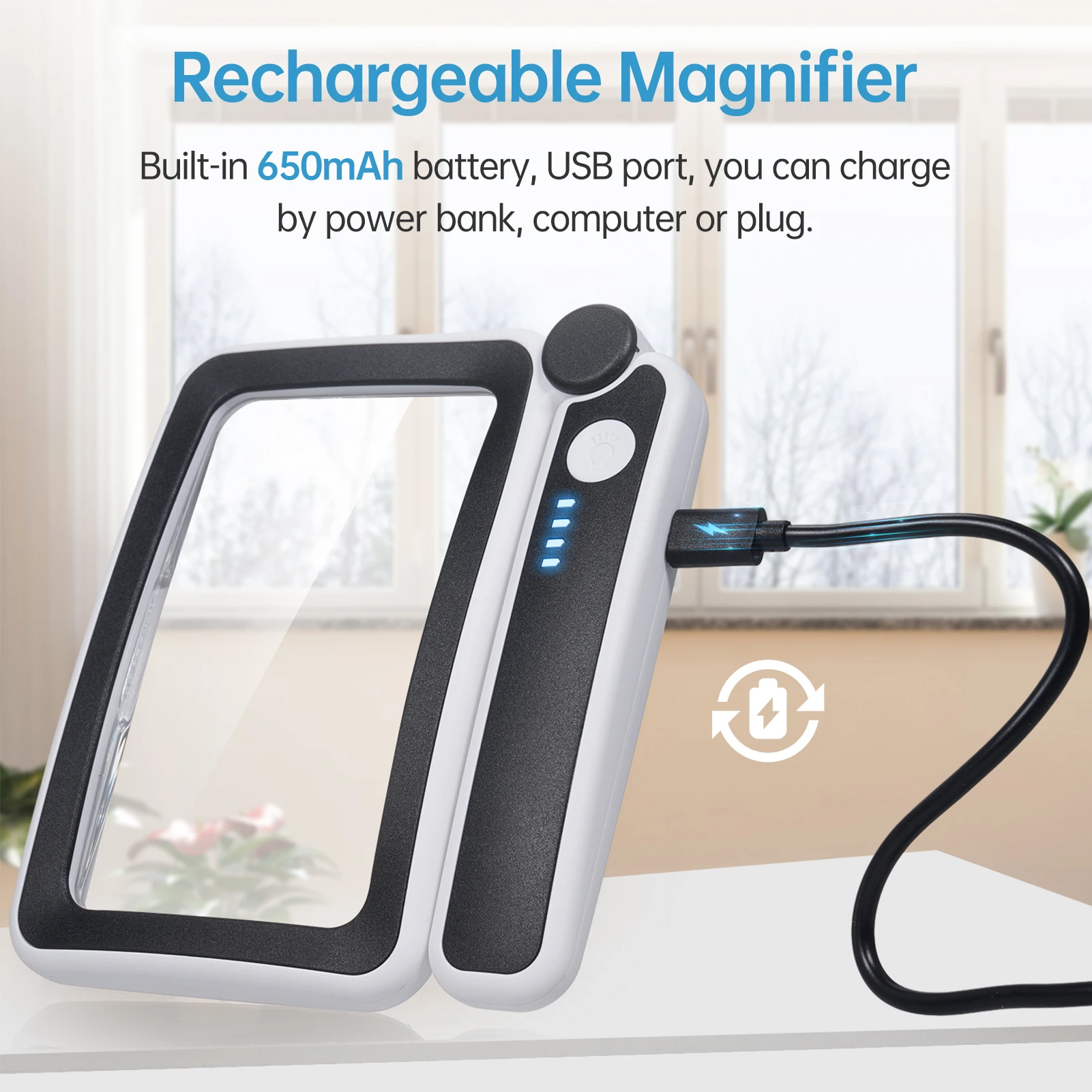 4X Large Magnifying Glass with LED Lights USB Loupe Rechargeable Magnifier Handheld Reading Magnifying Lamp With LED