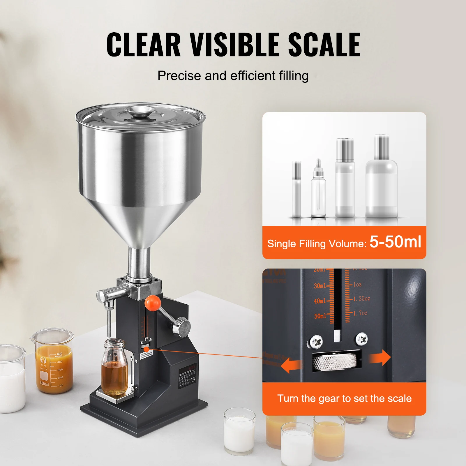 5-100ml Manual Liquid Filling Machine Paste Bottle Filler Adjustable with Hopper for Water Shampoo Honey