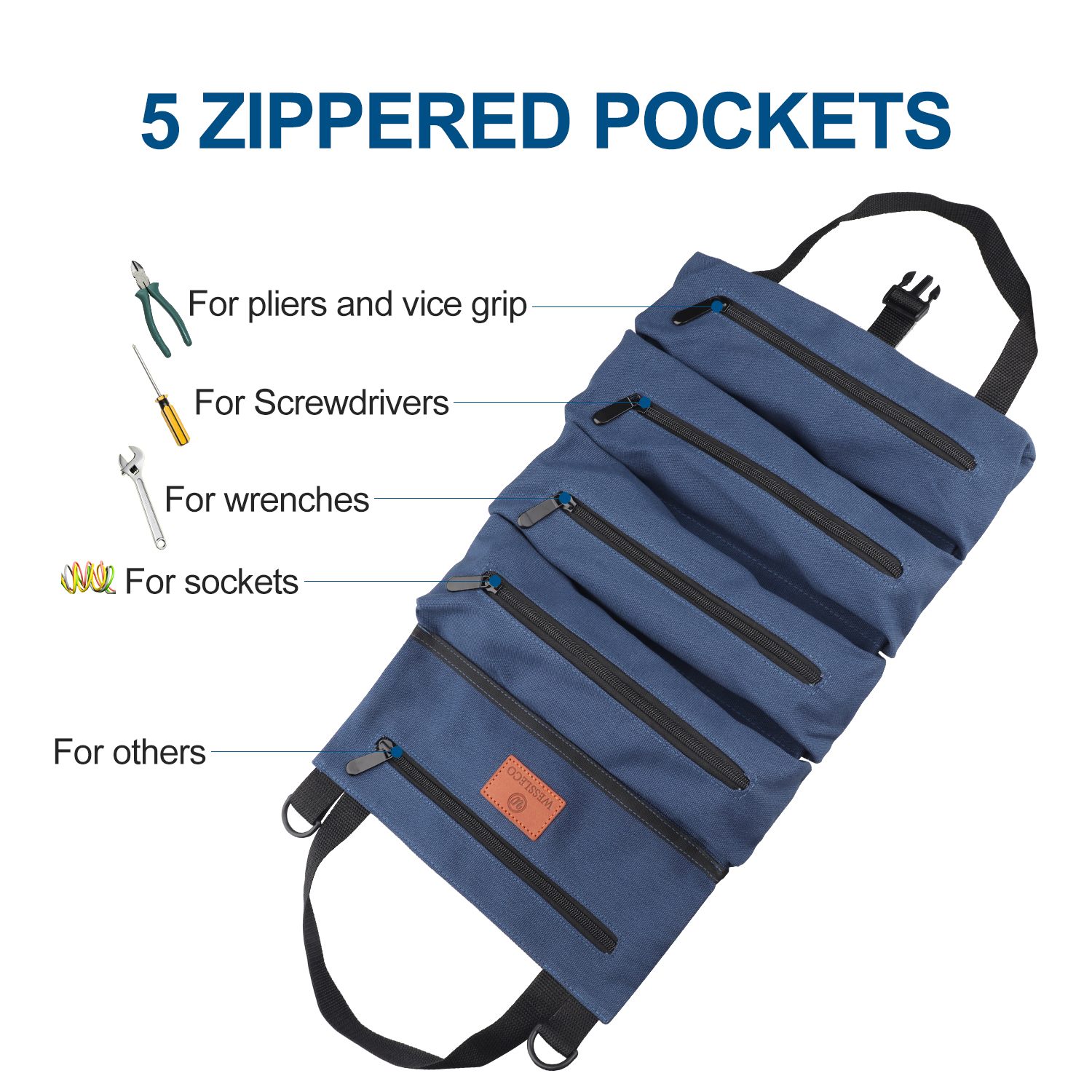 5 Compartment Canvas Roll Up Tool Pouch