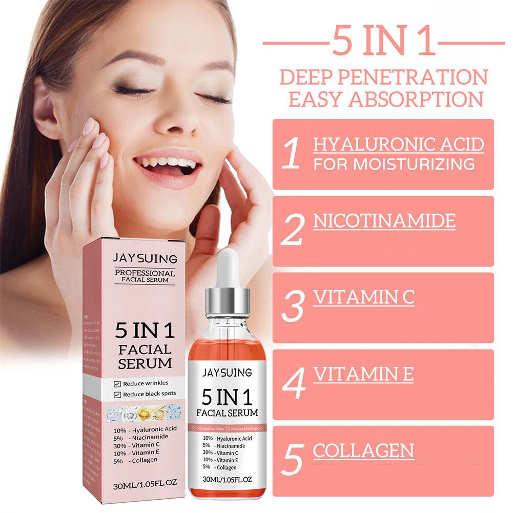 5 In 1 Fade fine lines Firming Face Serum Moisturizing brightning Vitamin C Hyaluronic Acid Facial Serum Shrink Pores 5 In 1 Fade fine lines Firming Face Serum Moisturizing brightning Vitamin C Hyaluronic Acid Facial Serum Shrink Pores
