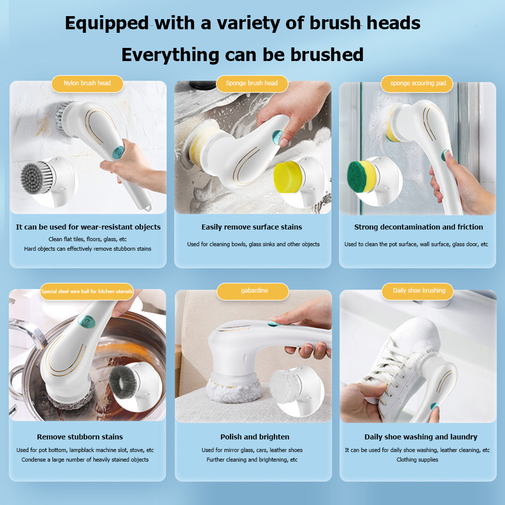 5 in 1 Multifunctional Electric Cleaning Brush USB charging Bathroom Wash Brush Kitchen Cleaning Tool Dishwashing Brush