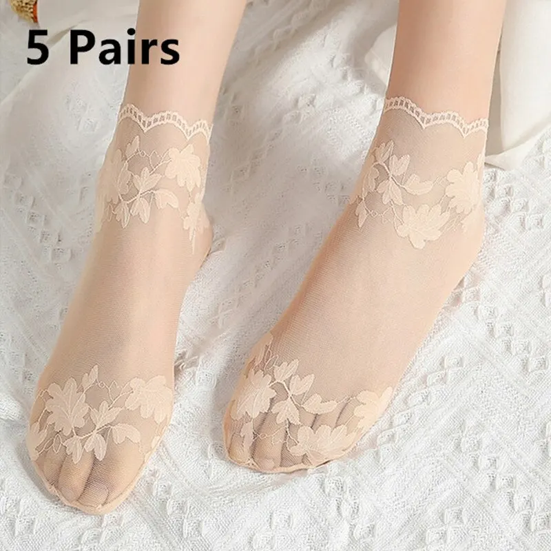 5 Pairs Summer Pure Cotton Women Socks Leaves Lace Invisible Thin Ladies Boat Hollow Non-slip Shallow Stockings 5 Pairs Summer Pure Cotton Women Socks Leaves Lace Invisible Thin Ladies Boat Hollow Non-slip Shallow Stockings