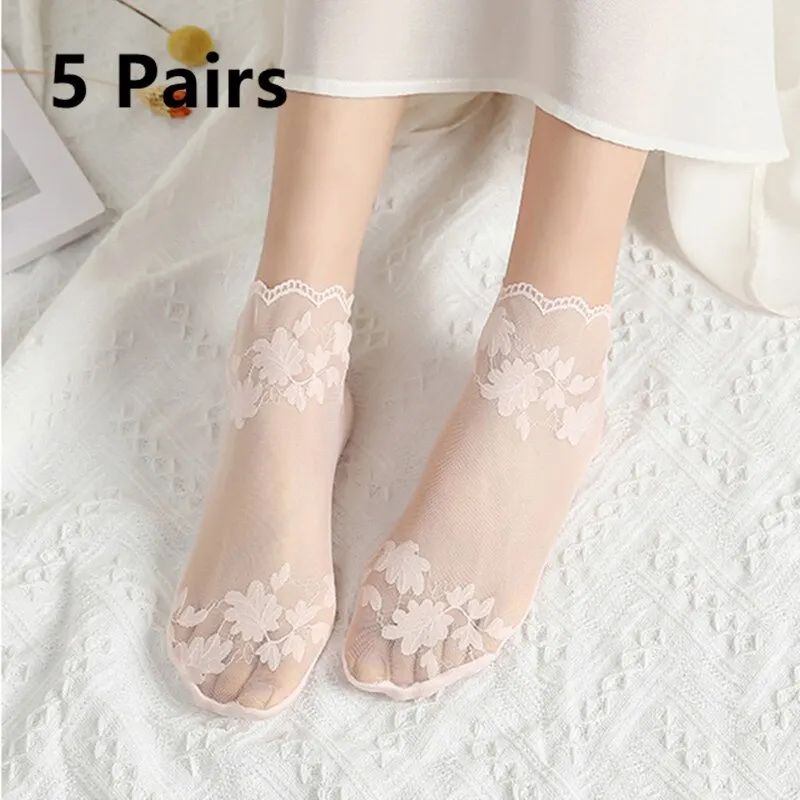 5 Pairs Summer Pure Cotton Women Socks Leaves Lace Invisible Thin Ladies Boat Hollow Non-slip Shallow Stockings 5 Pairs Summer Pure Cotton Women Socks Leaves Lace Invisible Thin Ladies Boat Hollow Non-slip Shallow Stockings