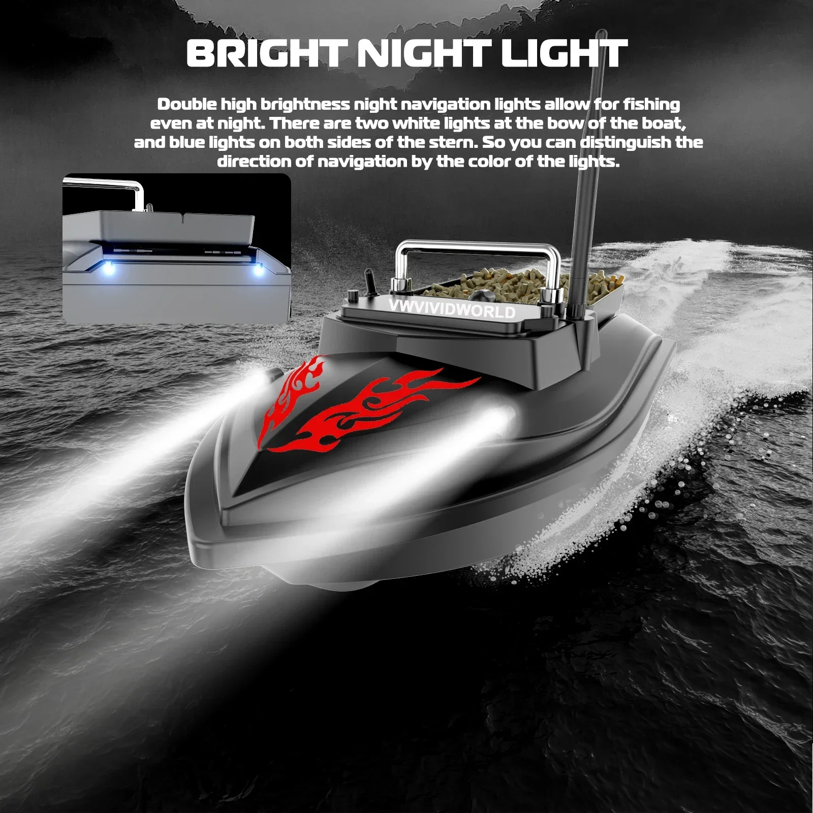 500M Remote Control,RC Fishing Bait Boat,2KG Loaded,Fixed Speed Cruise,Waterproof,High Speed,4 Night Light