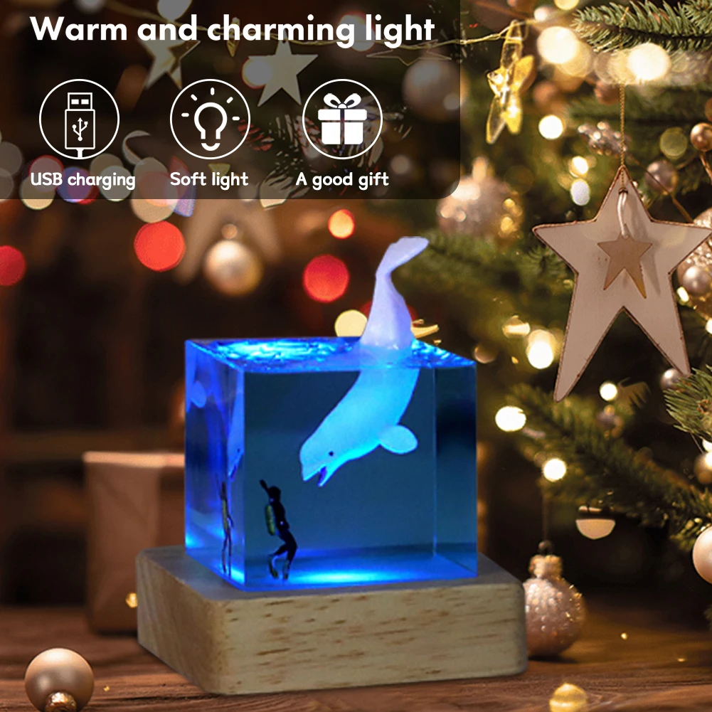 5cm Cube Whale Diver Night Light Decoration Gift Epoxy Resin Ocean Shark Diver Figures Decoration LED Night Light Home