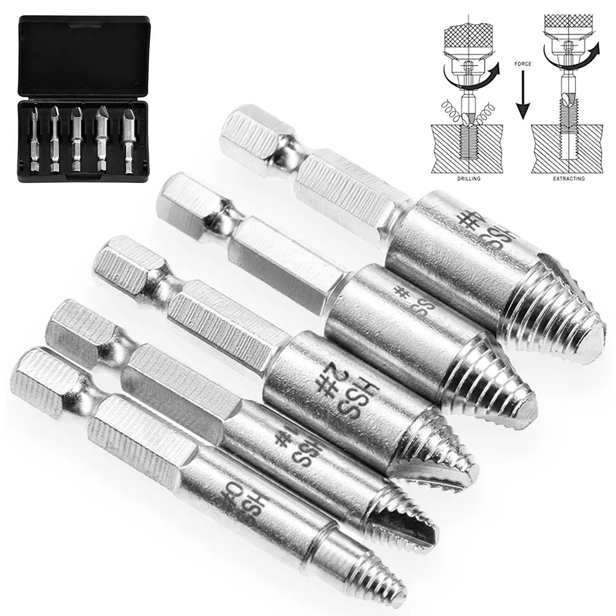 5Pcs Damaged Screw Extractor Drill Bit High Speed Steel Double Easily Take Out Side Drill Out Broken Screw Remover Bolt 5Pcs Damaged Screw Extractor Drill Bit High Speed Steel Double Easily Take Out Side Drill Out Broken Screw Remover Bolt