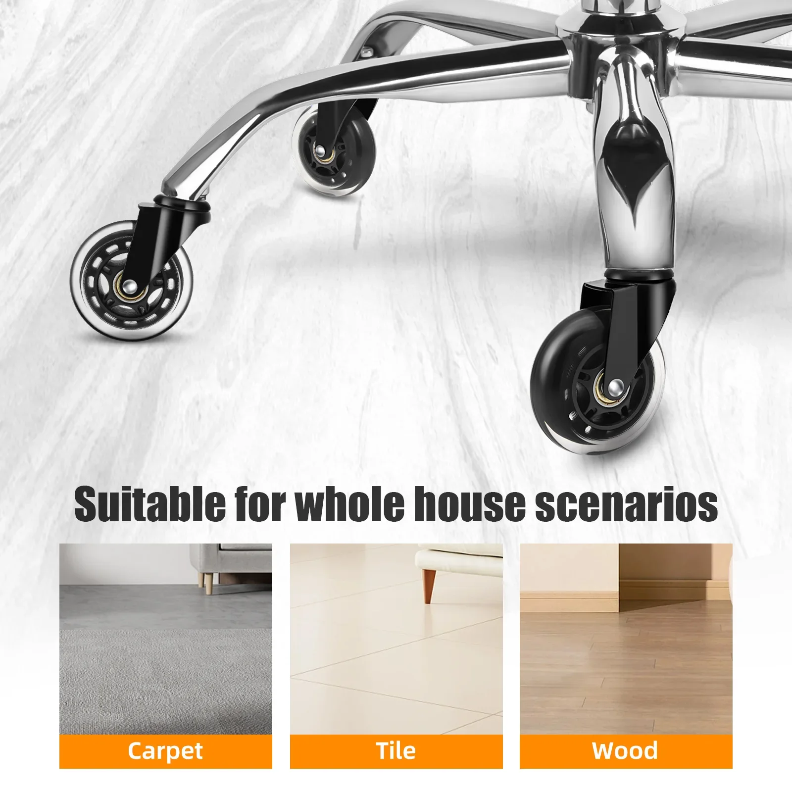 5PCS Swivel Rubber Caster Wheels 3 Inch Office Chair Caster Wheels Replacement 60KG Soft Safe Rollerblade Style Caster