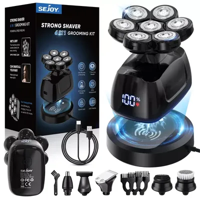 6-in-1 Multifunctional 7D Head Shavers for Bald Men Electric Razor with Nose Hair Trimmer Waterproof Mens Grooming Kit
