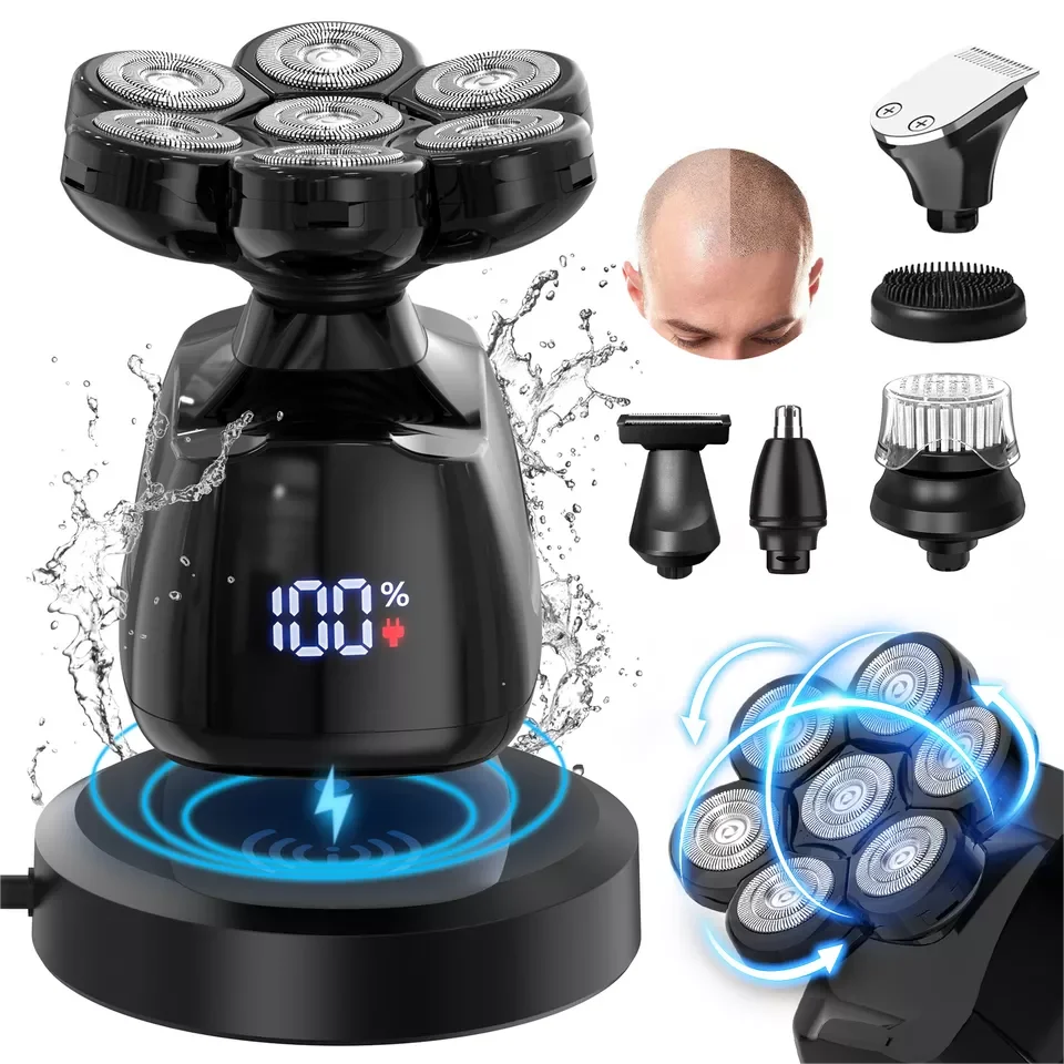 6-in-1 Multifunctional 7D Head Shavers for Bald Men Electric Razor with Nose Hair Trimmer Waterproof Mens Grooming Kit