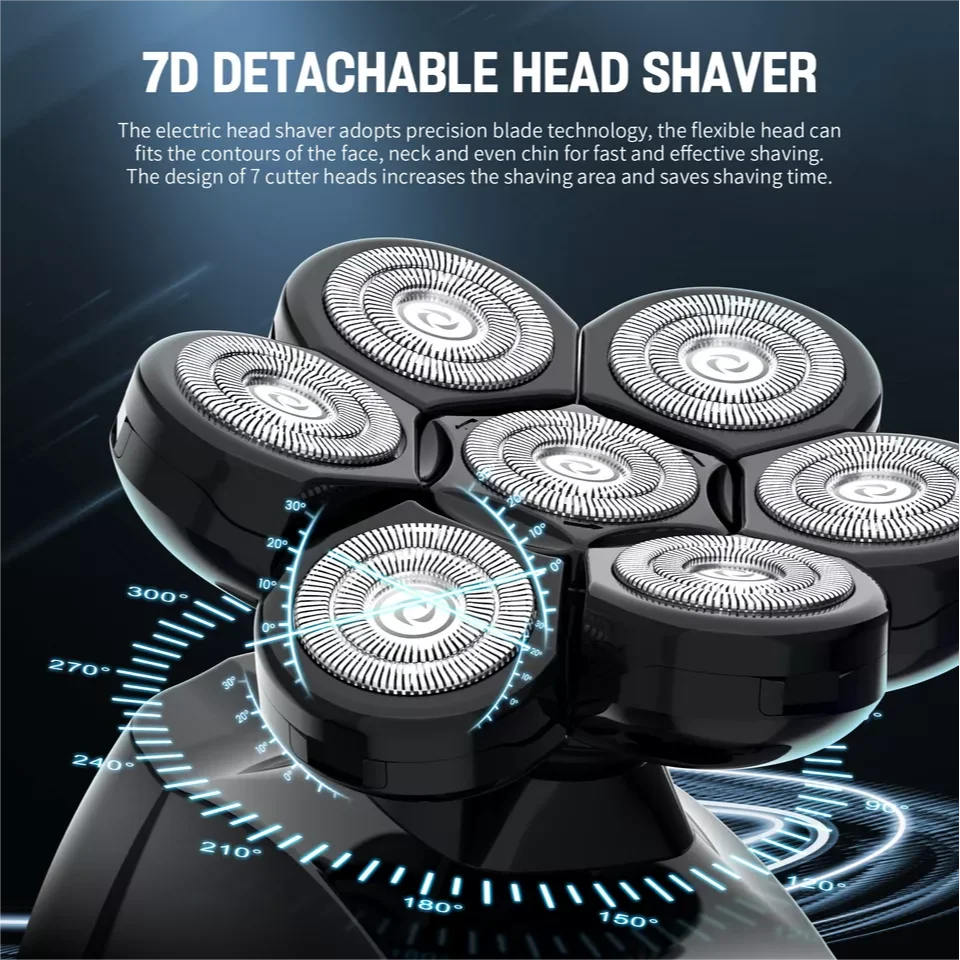 6-in-1 Multifunctional 7D Head Shavers for Bald Men Electric Razor with Nose Hair Trimmer Waterproof Mens Grooming Kit