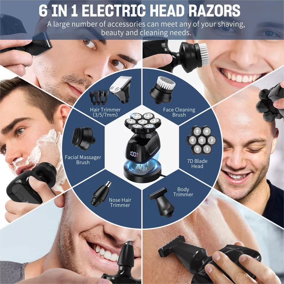 6-in-1 Multifunctional 7D Head Shavers for Bald Men Electric Razor with Nose Hair Trimmer Waterproof Mens Grooming Kit